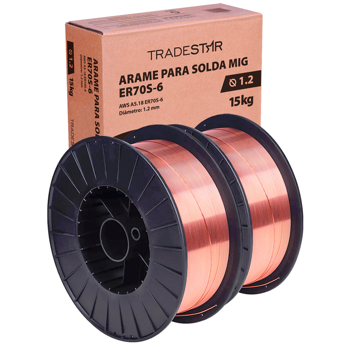 Kit 2 Rolos Arame para Solda MIG com Gás 1,2mm 15Kg ER70S-6 Tradestar - Ideal para soldagem de aço carbono e baixa liga, oferece ótima fusão, penetração e resistência à corrosão. Perfeito para projetos profissionais e entusiastas.
