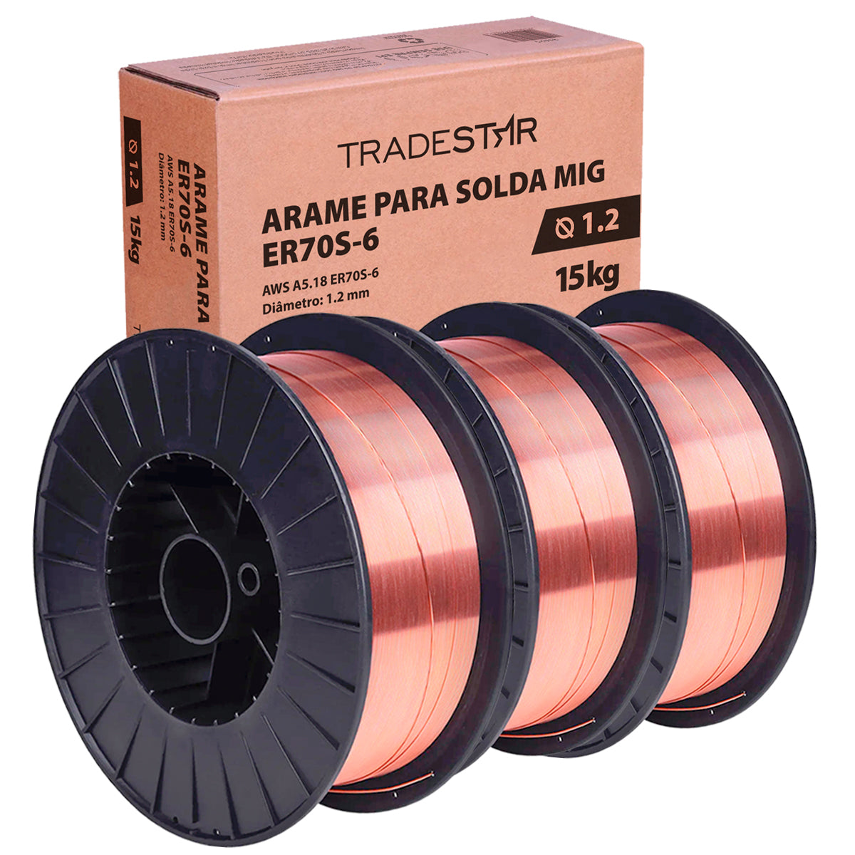 Kit 3 rolos de arame para solda MIG com gás 1,2 mm 15kg ER70S-6 Tradestar, ideal para soldagem de aço carbono e baixa liga. Arame de alta qualidade, com ótima fusão, penetração e fluxo mínimo de respingos. Perfeito para soldas limpas e precisas em projetos profissionais.