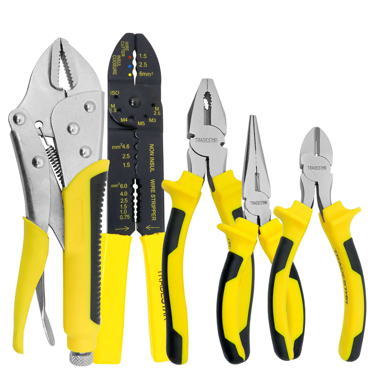Kit Jogo 5 Alicates Tradestar para Eletricista: Alicate de Corte, Alicate de Bico, Alicate Universal, Alicate Multiuso e Alicate de Pressão. Ferramentas manuais com cabos ergonômicos, ideais para trabalhos elétricos e cortes precisos.