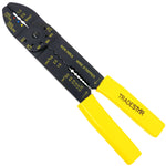 Alicate decapador de fios Tradestar amarelo e preto, ferramenta manual para eletricista, com marcações para diferentes bitolas de fios e funções de corte e decapagem. Ideal para trabalhos elétricos e eletrônicos.