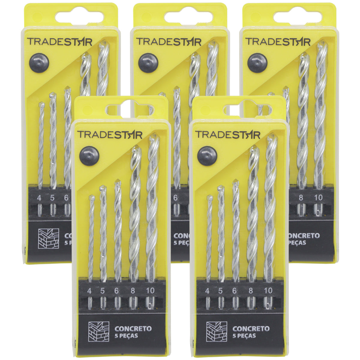 Jogo de Brocas para Concreto e Alvenaria Tradestar com 25 peças, tamanhos 4mm, 5mm, 6mm, 8mm e 10mm. Brocas de aço carbono com ponta de metal duro (vídea), ideal para perfurações em concreto, tijolo e alvenaria. Kit completo para uso em furadeiras elétricas e manuais.