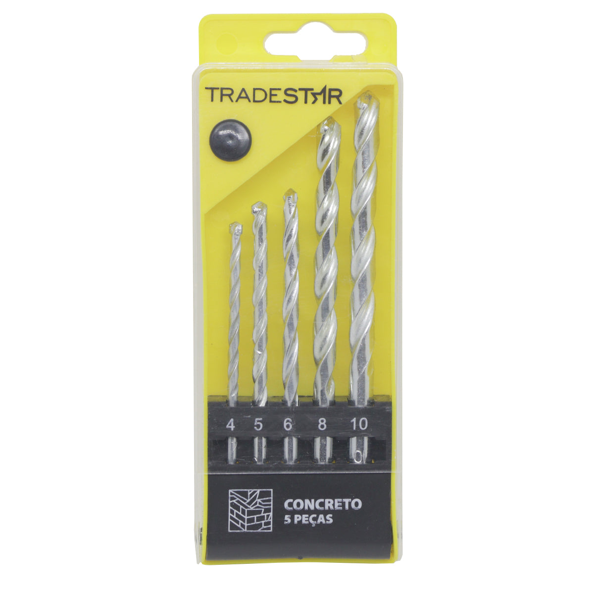 Jogo de brocas para concreto e alvenaria Tradestar com 25 peças, tamanhos 4mm, 5mm, 6mm, 8mm e 10mm. Brocas de aço carbono com ponta de metal duro (vídea), ideal para perfurações precisas em concreto, tijolo e alvenaria. Kit completo para uso profissional e doméstico.