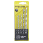 Jogo de brocas para concreto e alvenaria Tradestar com 25 peças, tamanhos 4mm, 5mm, 6mm, 8mm e 10mm. Brocas de aço carbono com ponta de metal duro (vídea), ideal para perfurações precisas em concreto, tijolo e alvenaria. Kit completo para uso profissional e doméstico.