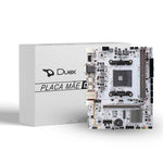 Placa Mãe Duex AMD DDR4 A520 - DX A520ZG em destaque, mostrando a placa e sua embalagem. Compatível com processadores AMD Ryzen, ideal para computadores com alto desempenho. Possui slots para expansão, conectividade de rede e áudio de alta definição.