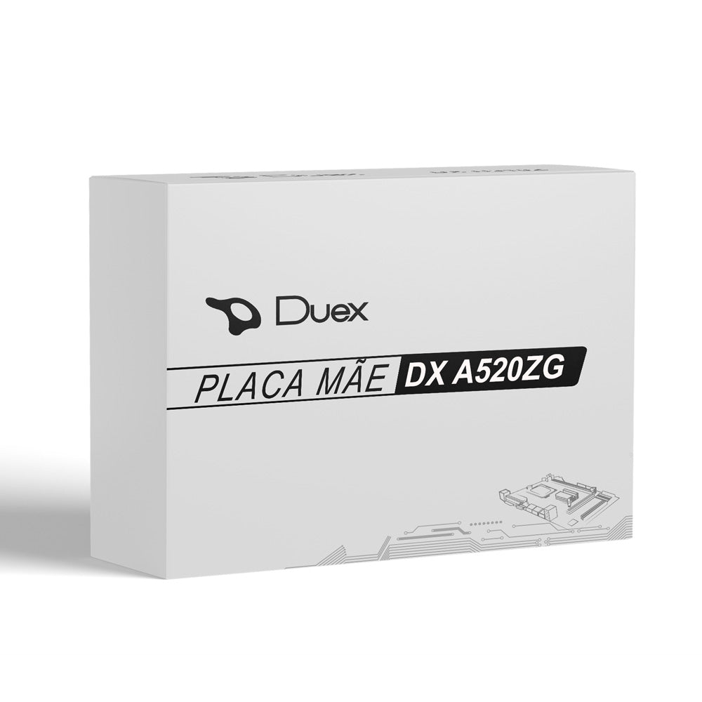 Placa Mãe Duex AMD DDR4 A520 - DX A520ZG na caixa, ideal para processadores AMD Ryzen 3/5. Suporta até 64GB de memória DDR4, com slots de expansão e conectividade Realtek. Perfeita para computadores com desempenho e versatilidade.