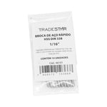 Broca em HSS Aço Rápido DIN 338 1/6" Tradestar com 10 unidades. Broca de alta qualidade para perfuração em metal, madeira e plástico. Fabricada em aço rápido HSS, ideal para uso profissional e hobbista. Pronta entrega e envio imediato.
