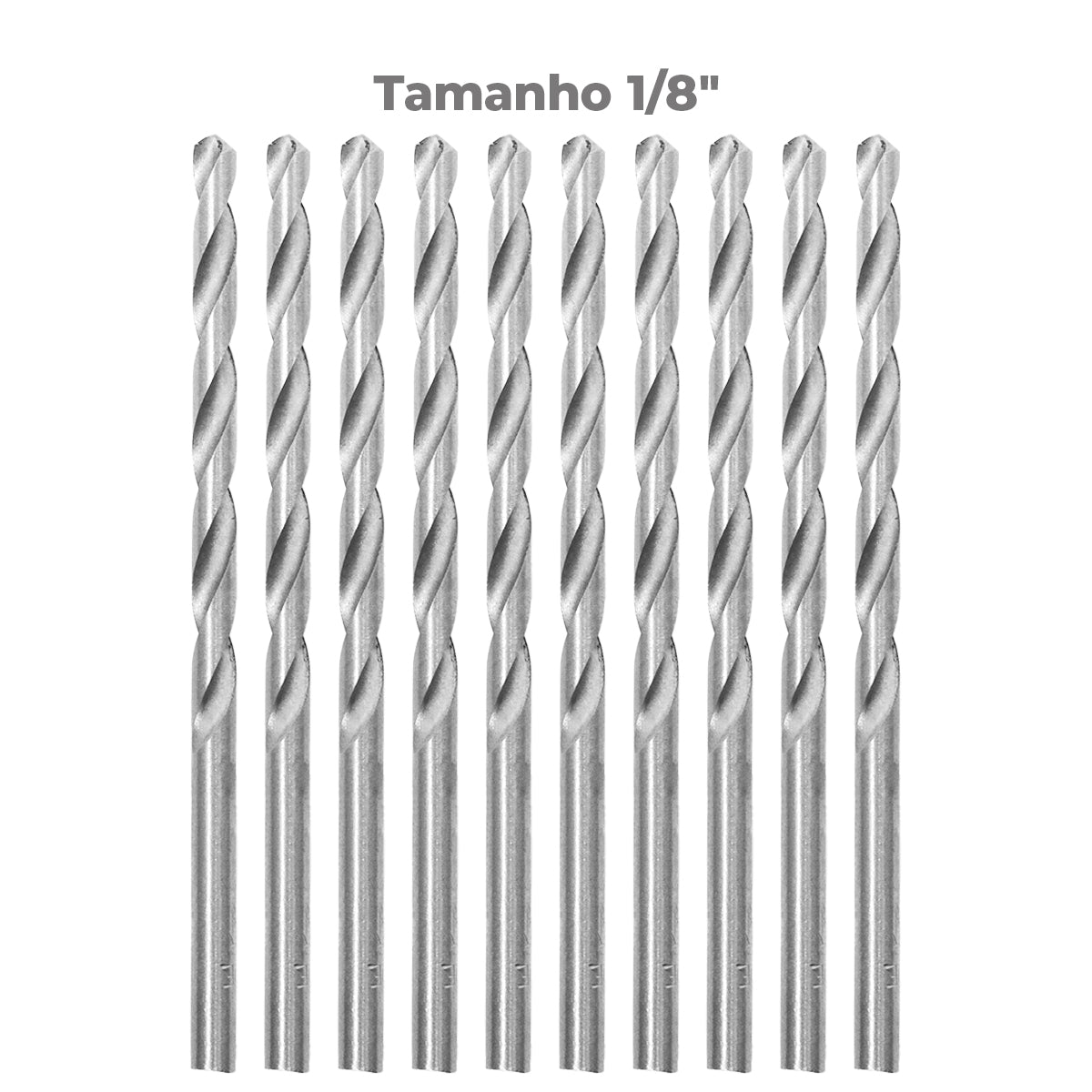 Broca em HSS Aço Rápido DIN 338 1/8" Tradestar - Kit com 100 unidades. Ideal para perfuração precisa em metal, madeira e plástico. Fabricada em aço rápido de alta qualidade, oferece durabilidade e eficiência. Ferramenta essencial para profissionais e hobbistas.