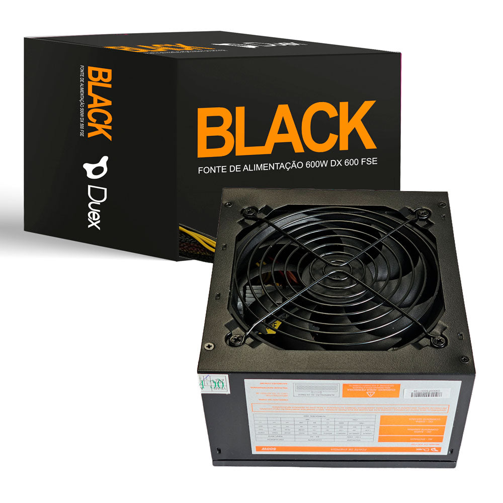 Fonte Duex ATX 600W DX-600FSE 80 Plus Bronze PFC Ativo - Fonte de alimentação para PC Gamer, com design preto e caixa da marca Duex. Apresenta ventoinha para refrigeração e especificações técnicas.
