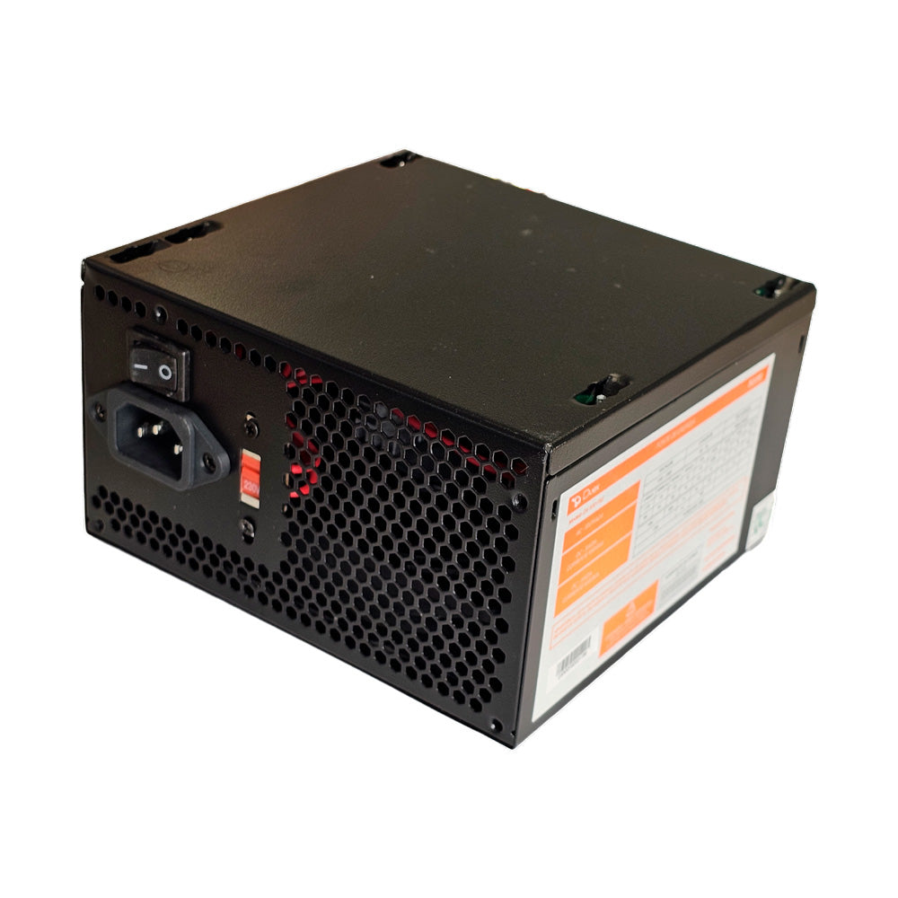Fonte Duex ATX 600W DX-600FSE 80 Plus Bronze PFC Ativo - Fonte de alimentação para PC gamer, preta, com chave seletora de voltagem, conector de energia e ventoinha.