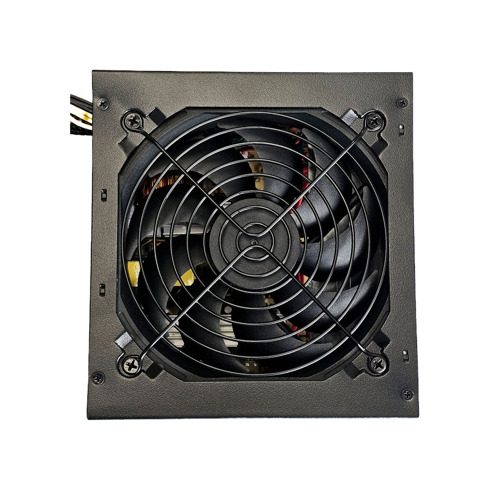 Fonte Duex ATX 600W DX-600FSE - Fonte de alimentação para PC com 600W, 80 Plus Bronze, PFC Ativo, ideal para PC Gamer. Possui ventilador de 12cm e diversos conectores, incluindo PCI-E, SATA e MOLEX. Imagem da fonte com a grade de proteção do ventilador em destaque.