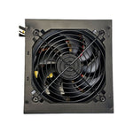 Fonte Duex ATX 600W DX-600FSE - Fonte de alimentação para PC com 600W, 80 Plus Bronze, PFC Ativo, ideal para PC Gamer. Possui ventilador de 12cm e diversos conectores, incluindo PCI-E, SATA e MOLEX. Imagem da fonte com a grade de proteção do ventilador em destaque.