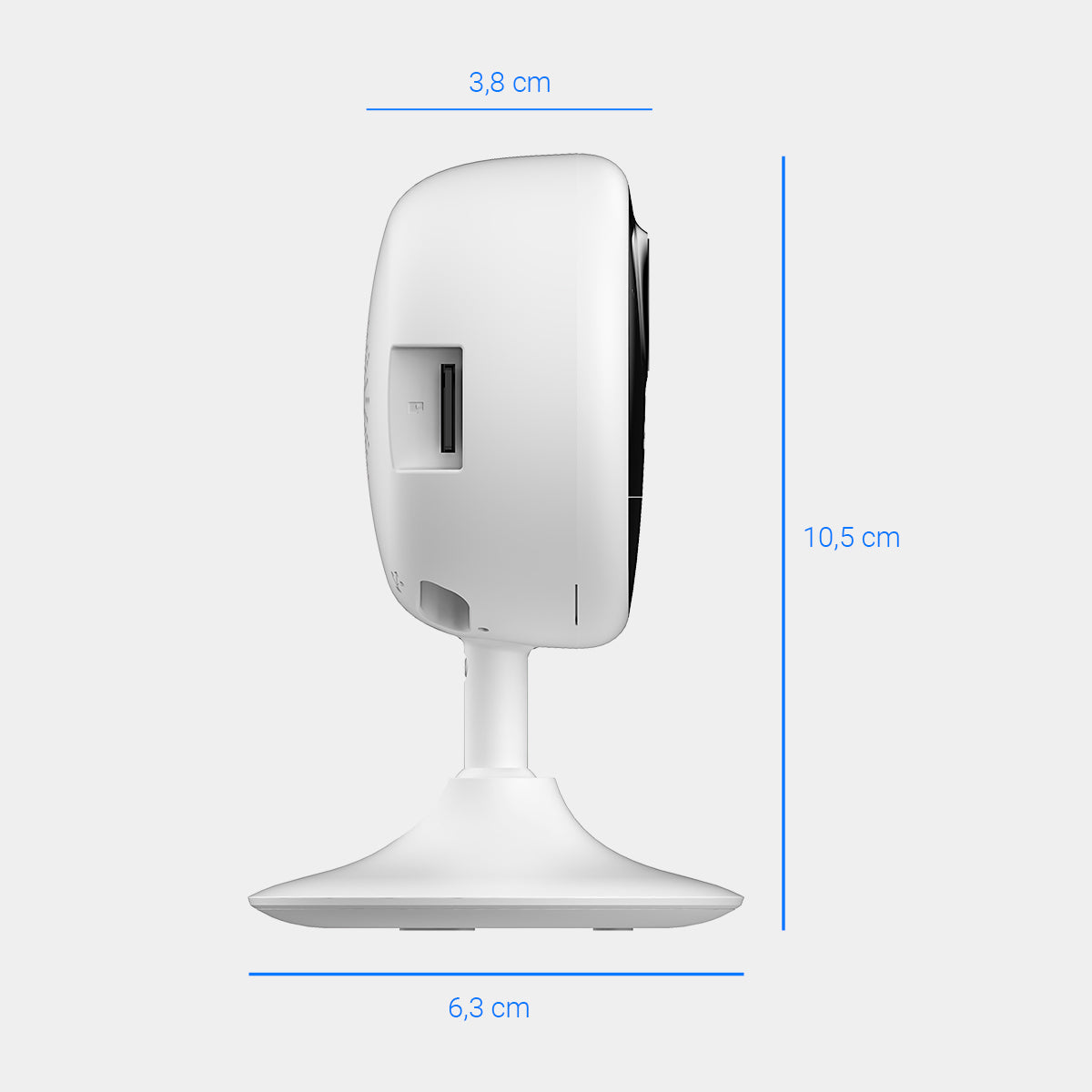 Câmera interna EZVIZ CB1 1080p Wi-Fi com bateria, mostrando dimensões de 3,8 cm de largura, 10,5 cm de altura e 6,3 cm de base. Câmera de segurança residencial sem fio, ideal para monitoramento interno com visão noturna, detecção de movimento e áudio bidirecional. Modelo CS-CB1-R100-1K2WF.