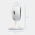 Câmera interna EZVIZ CB1 1080p Wi-Fi com bateria, mostrando dimensões de 3,8 cm de largura, 10,5 cm de altura e 6,3 cm de base. Câmera de segurança residencial sem fio, ideal para monitoramento interno com visão noturna, detecção de movimento e áudio bidirecional. Modelo CS-CB1-R100-1K2WF.