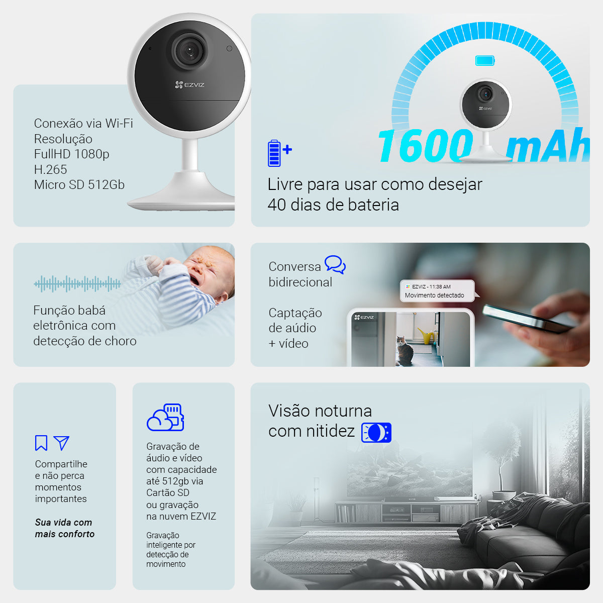 Câmera interna EZVIZ CB1 1080p Wi-Fi com bateria de 1600mAh, visão noturna, detecção de movimento e áudio bidirecional. Ideal para monitoramento residencial, com até 40 dias de bateria e compatibilidade com cartão microSD de 512GB. Possui função babá eletrônica e integração com nuvem EZVIZ.