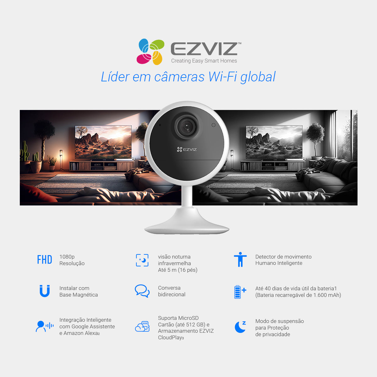 Câmera interna EZVIZ CB1 1080p Wi-Fi com bateria, ideal para segurança residencial. Possui visão noturna, detecção de movimento humano, conversa bidirecional, integração com Google Assistente e Alexa, base magnética e bateria de longa duração. Suporta cartão microSD e armazenamento na nuvem EZVIZ CloudPlay.