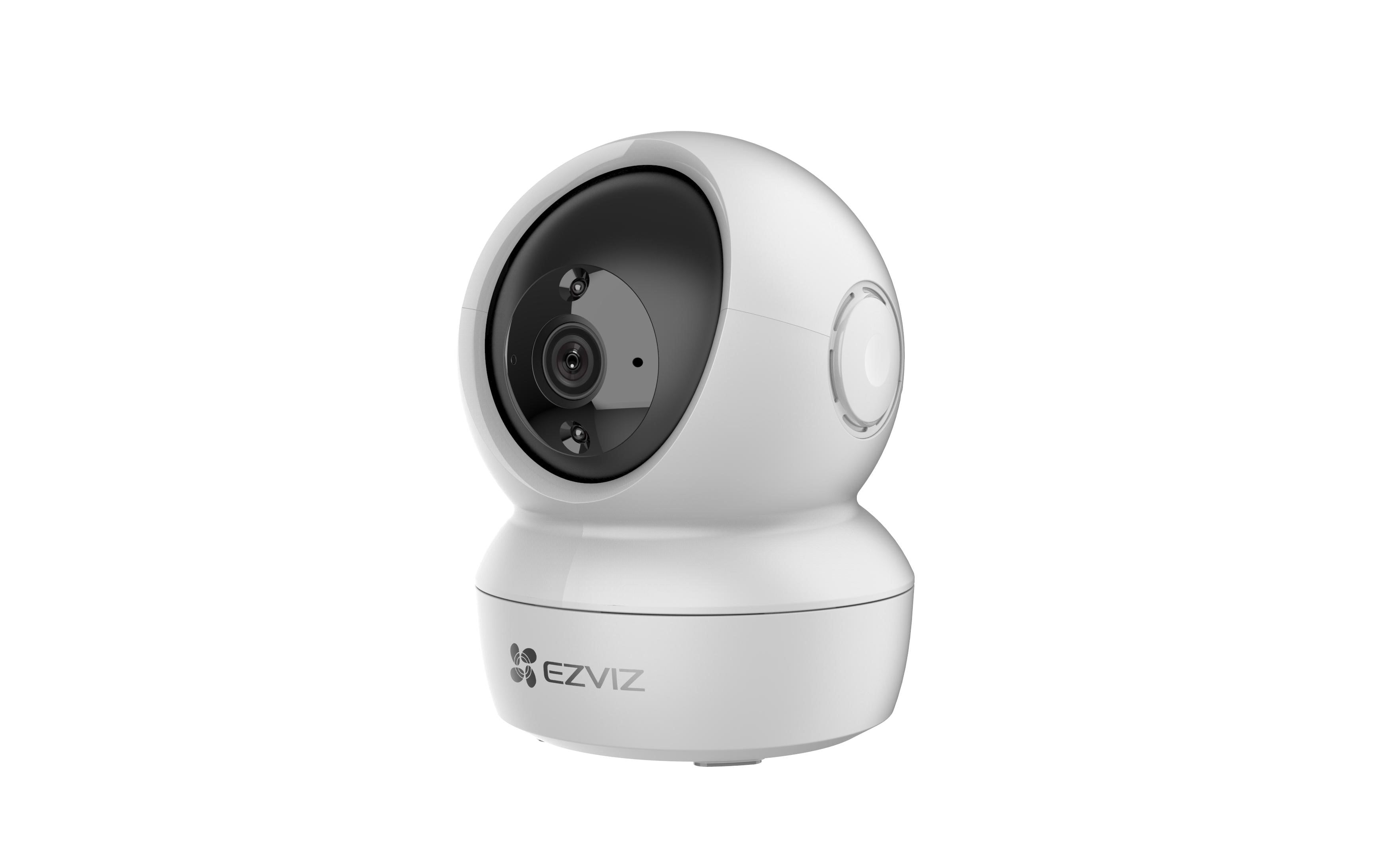 Câmera Residencial Inteligente 360° EZVIZ CS-H6c-R101-1G2WF, branca, com design moderno e lente preta. Ideal para segurança residencial, monitoramento de ambientes internos, visão noturna, detecção de movimento e rastreamento automático. Possui rotação 360° e comunicação bidirecional.