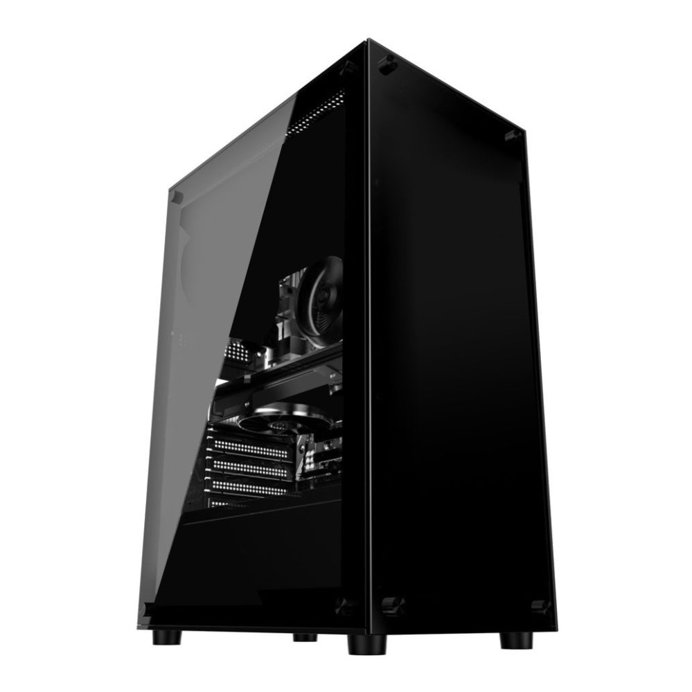 Gabinete Gamer Duex DX305T preto com painel de vidro temperado, ideal para montagem de PC gamer mATX/ITX. Design moderno e elegante, com espaço para componentes e boa ventilação.