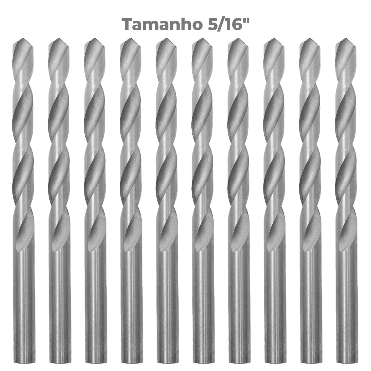 Brocas HSS Aço Rápido DIN 338 5/16" Tradestar - Kit com 50 unidades. Brocas de alta performance para perfuração em metal, madeira e plástico. Fabricadas em aço rápido, oferecem durabilidade e precisão. Ideal para profissionais e hobbistas. Imagem mostra as brocas lado a lado, com a inscrição "Tamanho 5/16".