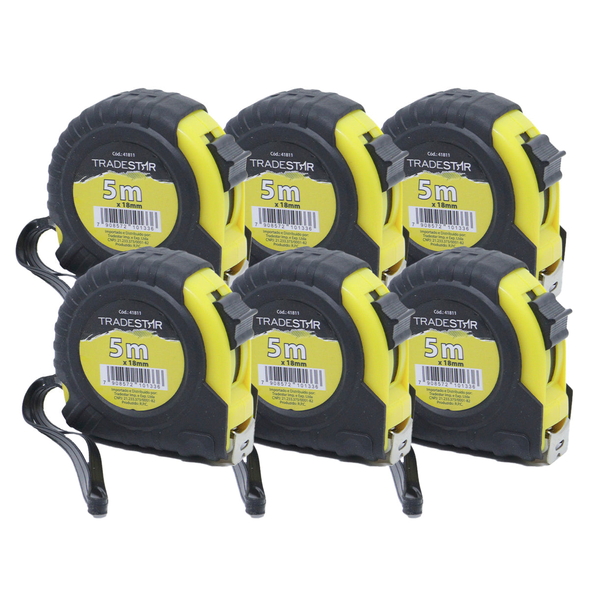 Kit com 6 trenas profissionais emborrachadas Tradestar 5m x 18mm, fita de aço reforçada, ideal para construção, marcenaria e uso profissional. Trenas amarelas e pretas com presilha para cinto.