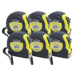Kit com 6 trenas profissionais emborrachadas Tradestar 5m x 18mm, fita de aço reforçada, ideal para construção, marcenaria e uso profissional. Trenas amarelas e pretas com presilha para cinto.