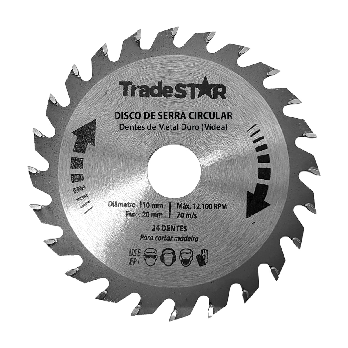 Disco de serra circular Videa 110mm 24 dentes Tradestar para madeira, MDF e compensados. Lâmina de metal duro para cortes precisos e duráveis. Ideal para marcenaria e projetos DIY.