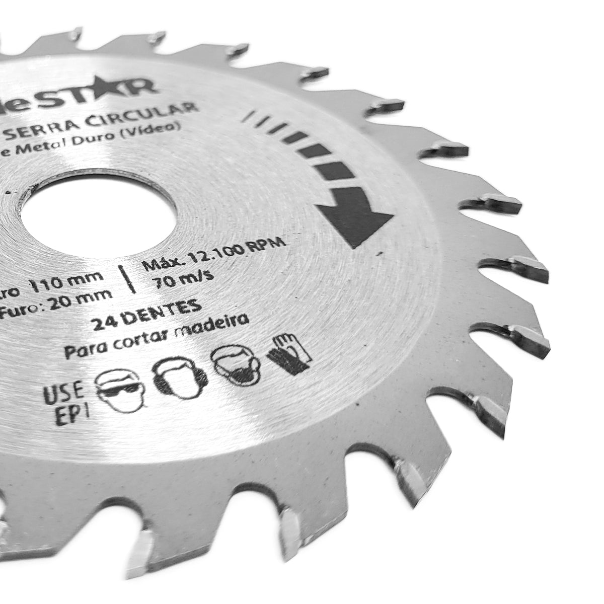 Disco de serra circular Videa Tradestar 110x20mm com 24 dentes para cortes precisos em madeira, MDF e compensados. Lâmina de metal duro para maior durabilidade e cortes limpos. Ideal para marcenaria, carpintaria e projetos DIY. Compatível com serras circulares e de mármore. Recomenda-se o uso de EPI.