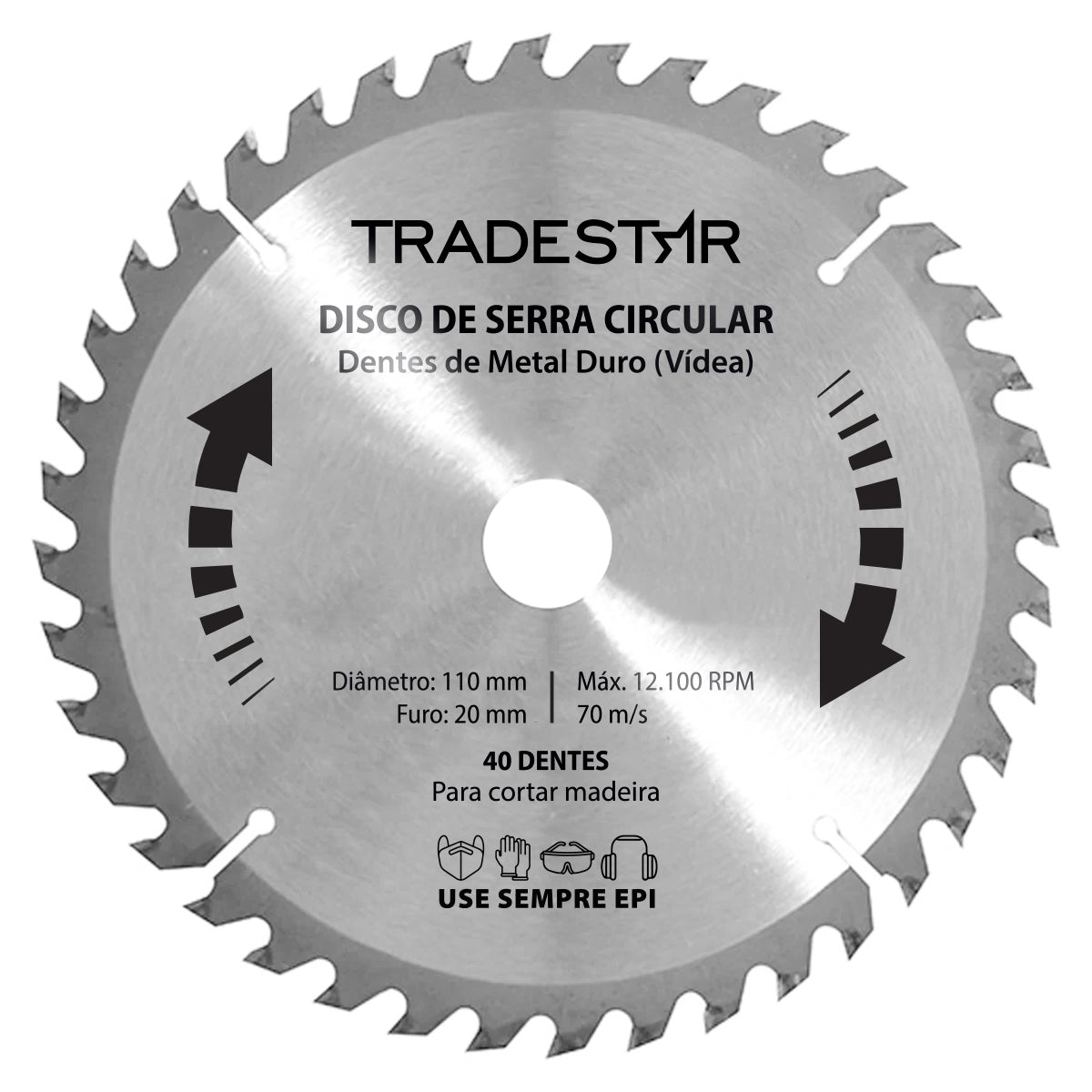 Disco de serra circular para madeira 110x20mm Makita com 40 dentes, ideal para cortes precisos em projetos de marcenaria e carpintaria. Lâmina de serra circular com dentes de metal duro (vídea), alta durabilidade e segurança. Ferramenta para corte de madeira, com furo de 20mm, compatível com diversas serras circulares. Marca Tradestar.