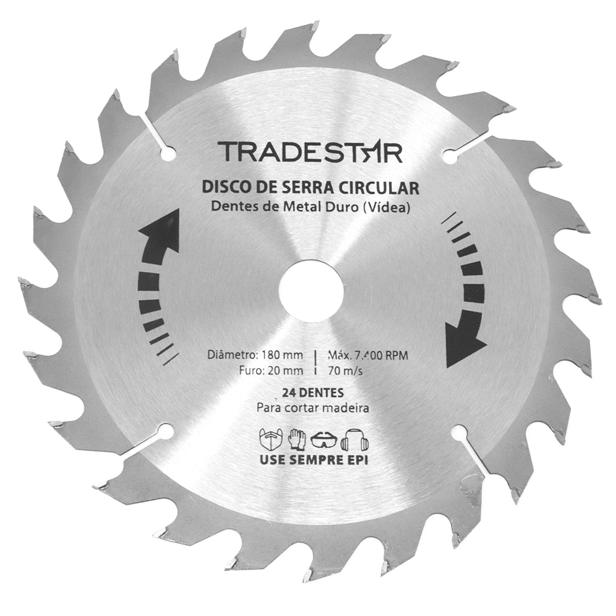 Disco de serra circular para madeira 180x20mm com 24 dentes, ideal para cortes precisos em projetos de marcenaria. Lâmina de metal duro (vídea) Tradestar, corte rápido e eficiente. Ferramenta para profissionais que buscam qualidade e segurança.