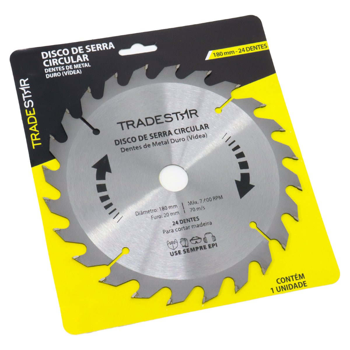 Disco de serra circular para madeira 180x20mm 24 dentes Tradestar, ideal para cortes precisos e eficientes em projetos de marcenaria. Lâmina de metal duro (vídea) para maior durabilidade e segurança. Compatível com diversas serras circulares. Produto original, novo e com garantia.