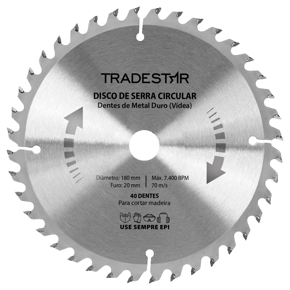 Disco de serra circular Tradestar 180x20mm com 40 dentes para corte de madeira. Lâmina de metal duro (vídea), ideal para cortes precisos e seguros em projetos de marcenaria. Imagem detalhada do disco, mostrando dentes afiados e informações técnicas como diâmetro, furo e rotação máxima.