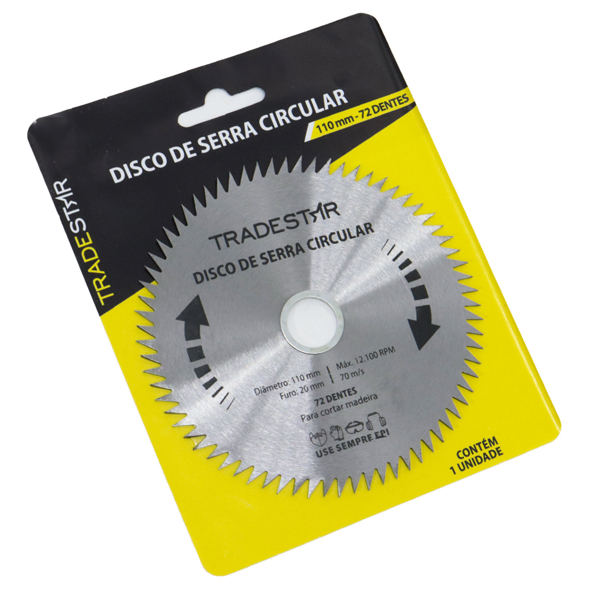 Disco de serra circular para madeira 110x20mm 72 dentes Tradestar, ideal para cortes precisos em marcenaria. Lâmina de alta durabilidade e eficiência, com furo de 20mm e velocidade máxima de 12.100 RPM. Contém 1 unidade.