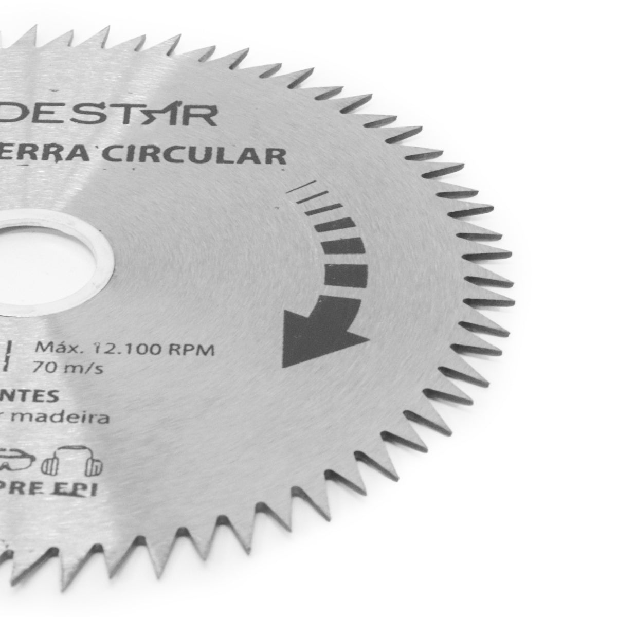 Disco de serra circular para madeira Makita 110x20mm com 72 dentes, ideal para cortes precisos em projetos de marcenaria. Lâmina de alta durabilidade e eficiência, indicada para uso profissional. Imagem detalhada da serra circular, mostrando os dentes e informações técnicas.