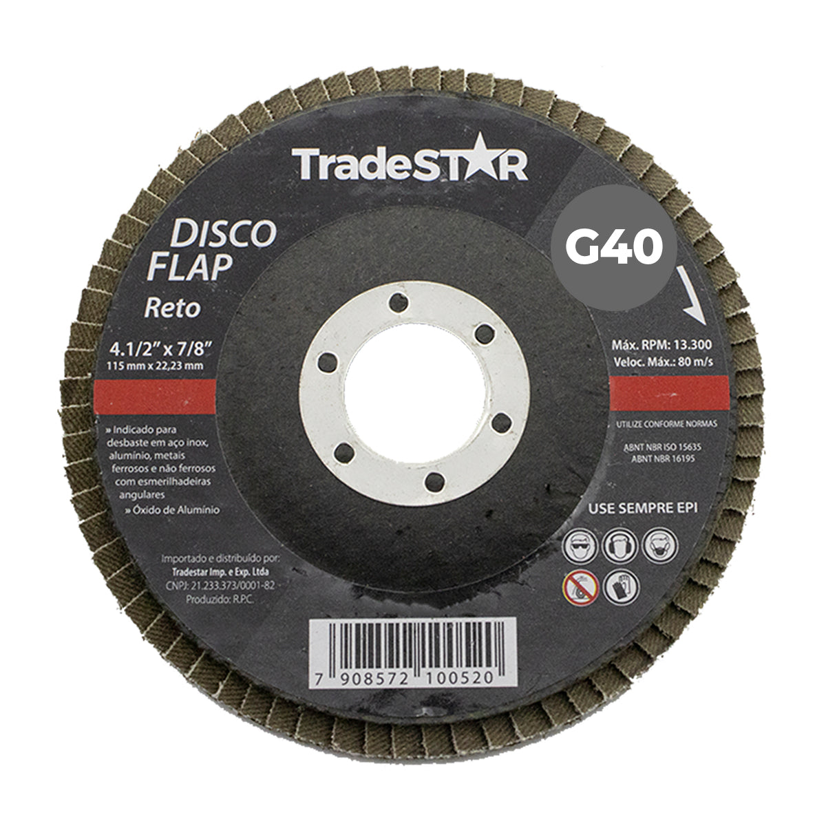 Disco de Desbaste Flap Reto Tradestar G40 4.1/2" para desbaste em aço inox, alumínio e metais ferrosos e não ferrosos. Disco abrasivo de óxido de alumínio com suporte de fibra de vidro, ideal para esmerilhadeiras angulares.