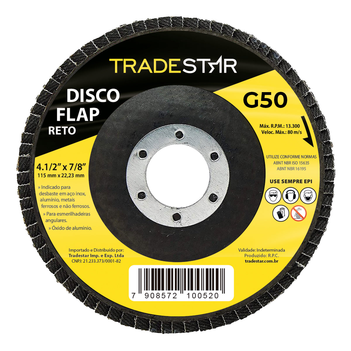 Disco Flap Reto 4.1/2 Grão 50 Tradestar para desbaste em aço inox, alumínio e metais ferrosos. Ideal para esmerilhadeiras angulares. Produto original, com garantia e envio imediato.