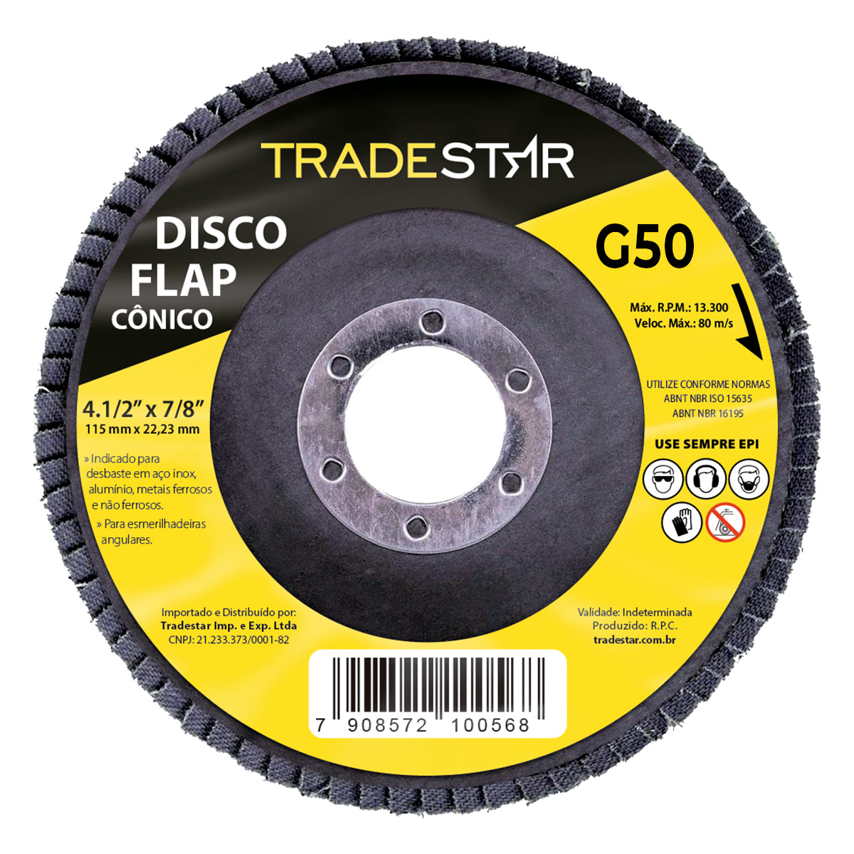 Disco Flap Cônico 4.1/2" Grão 50 Tradestar para esmerilhadeira angular, ideal para desbaste em aço inox, alumínio e metais ferrosos. Disco abrasivo de alta performance para acabamentos precisos em projetos industriais e de construção. Tamanho 115mm x 22,23mm, grão G50. Utilize EPI.