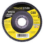 Disco Flap Cônico 4.1/2" Grão 50 Tradestar para esmerilhadeira angular, ideal para desbaste em aço inox, alumínio e metais ferrosos. Disco abrasivo de alta performance para acabamentos precisos em projetos industriais e de construção. Tamanho 115mm x 22,23mm, grão G50. Utilize EPI.