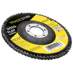 Disco Flap Cônico 4.1/2 Grão 50 TradeStar para acabamento em aço inox, alumínio e metais ferrosos. Ideal para uso em esmerilhadeiras angulares. Disco de óxido de alumínio, com alta durabilidade e eficiência para uso industrial e projetos de construção.