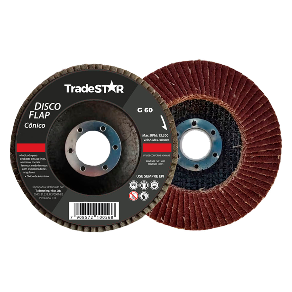 Disco de Desbaste Flap Cônico Metais Lixa G60 Tradestar - Ideal para desbaste em aço inox, alumínio, metais ferrosos e não ferrosos. Disco abrasivo cônico com óxido de alumínio, grão G60 e formato cônico. Ferramenta para esmerilhadeiras angulares. Marca Tradestar.