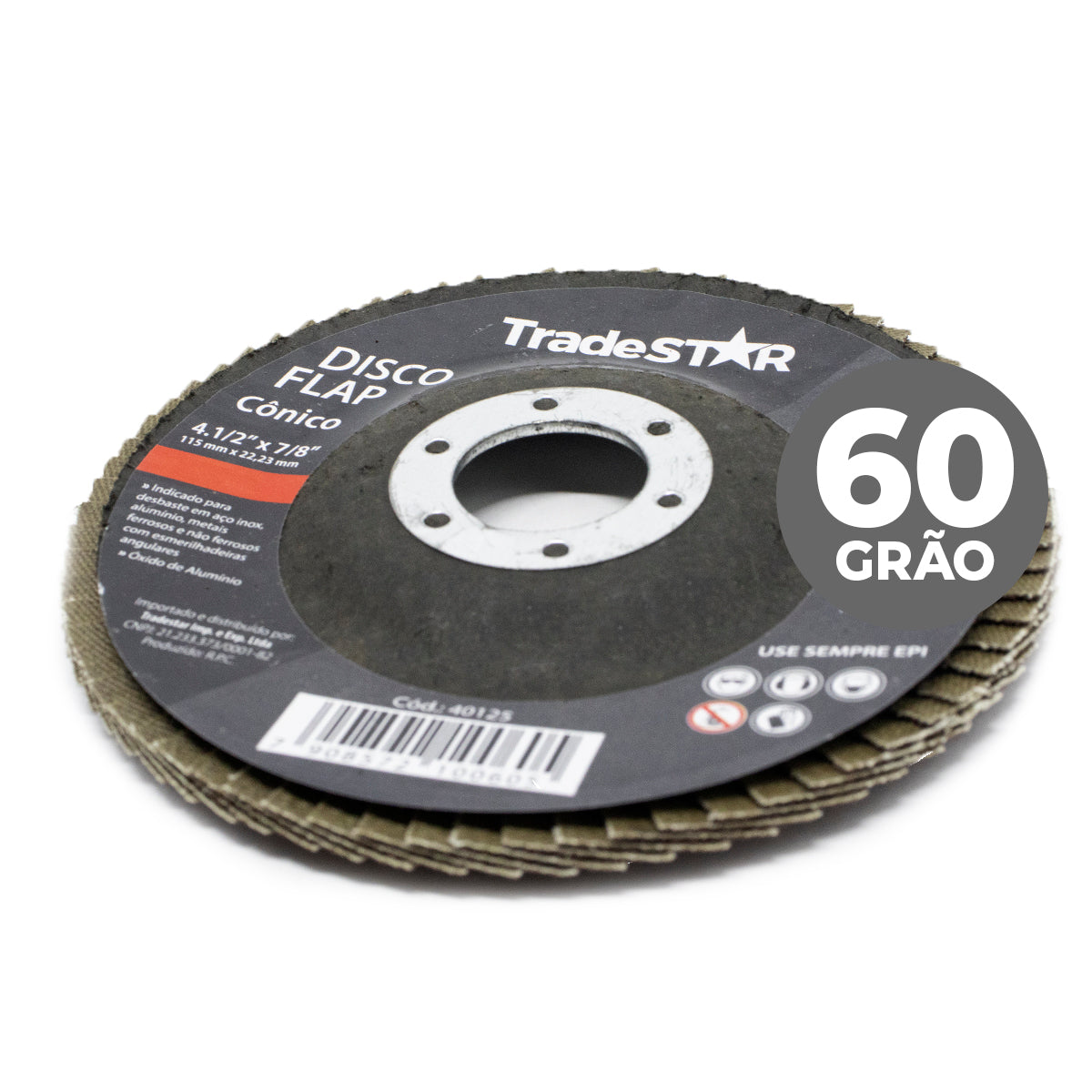Disco de Desbaste Flap Cônico Metais Lixa G60 Tradestar - Disco abrasivo cônico para desbaste e acabamento em aço inox, alumínio, metais ferrosos e não ferrosos. Grão 60, 4.1/2" (115mm). Ideal para esmerilhadeiras angulares.