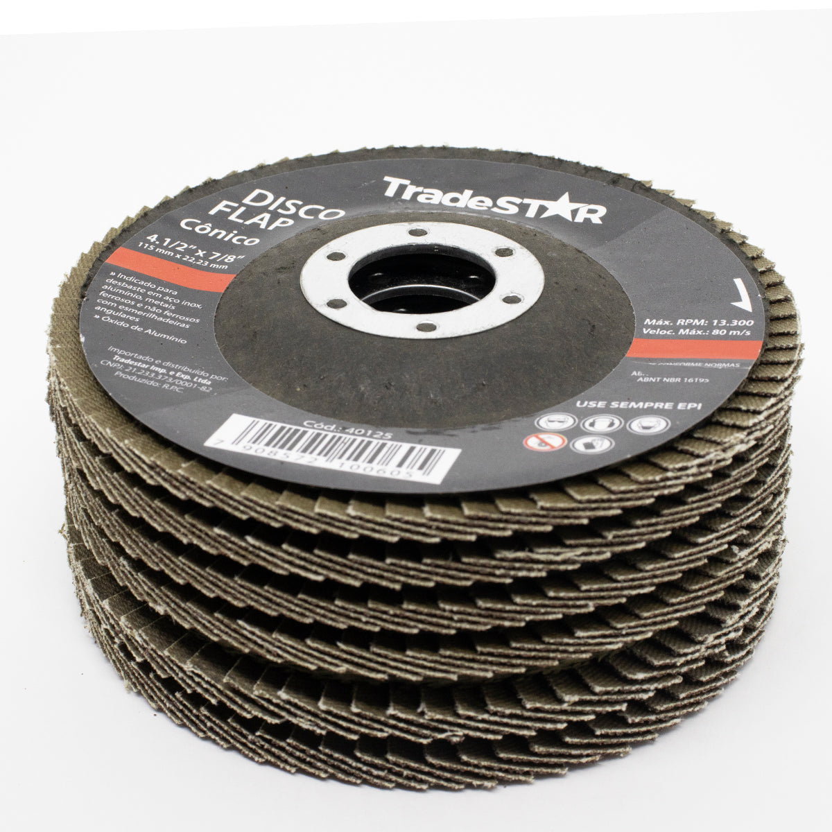 Disco de Desbaste Flap Cônico Metais Lixa G80 Tradestar empilhado. Ideal para desbaste e acabamento em metais ferrosos e não ferrosos. Disco abrasivo cônico com grão G80, óxido de alumínio e suporte de fibra de vidro. Ferramenta para esmerilhadeiras angulares. Marca Tradestar.