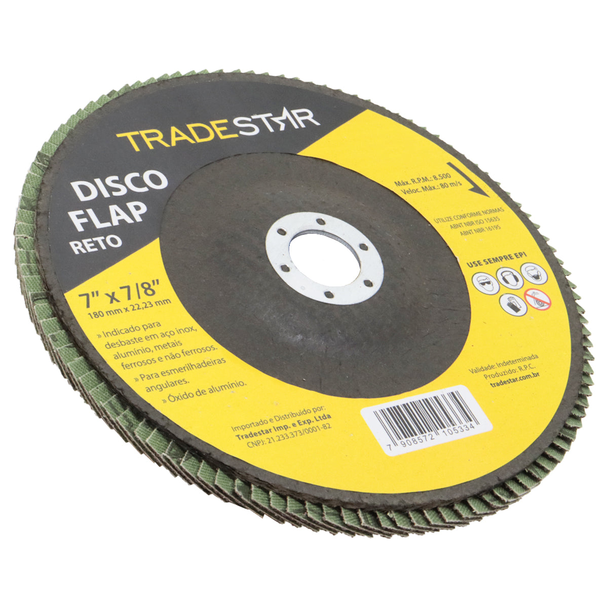 Disco de Lixa Flap Reto 180mm Grão 80 Tradestar para desbaste e acabamento em aço inox, alumínio e metais. Ideal para uso em esmerilhadeiras angulares. Óxido de alumínio, alta durabilidade e eficiência. Perfeito para estruturas metálicas, indústria naval e automobilística.