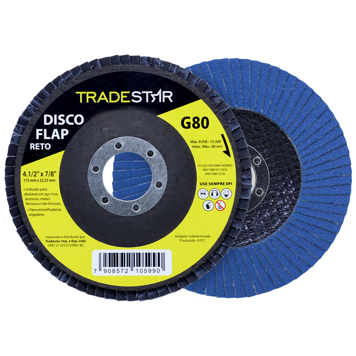 Disco de Lixa Flap Reto Tradestar 4.1/2 Grão 80 para Lixadeira - Ideal para desbaste em aço inox, alumínio e metais ferrosos. Compatível com esmerilhadeiras angulares. Ferramenta de alta performance para lixamento e acabamento.