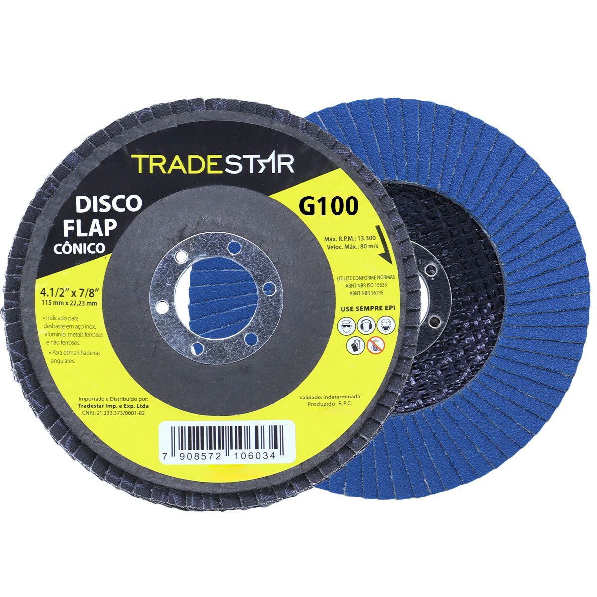 Disco de Lixa Flap Tradestar 4.1/2 Grão 100 para lixadeira, ideal para desbaste em aço inox, alumínio e metais ferrosos. Possui design cônico e é compatível com esmerilhadeiras angulares. Ferramenta de alta durabilidade para acabamento uniforme em projetos de lixamento.