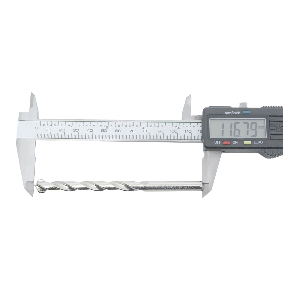 Broca para concreto 10x120mm sendo medida com paquímetro digital, mostrando o comprimento de 116.79mm. Kit com 50 unidades, ideal para furadeira, uso em alvenaria, pedra e concreto. Ferramenta Tradestar, ponta de metal duro, diâmetro de 10mm.