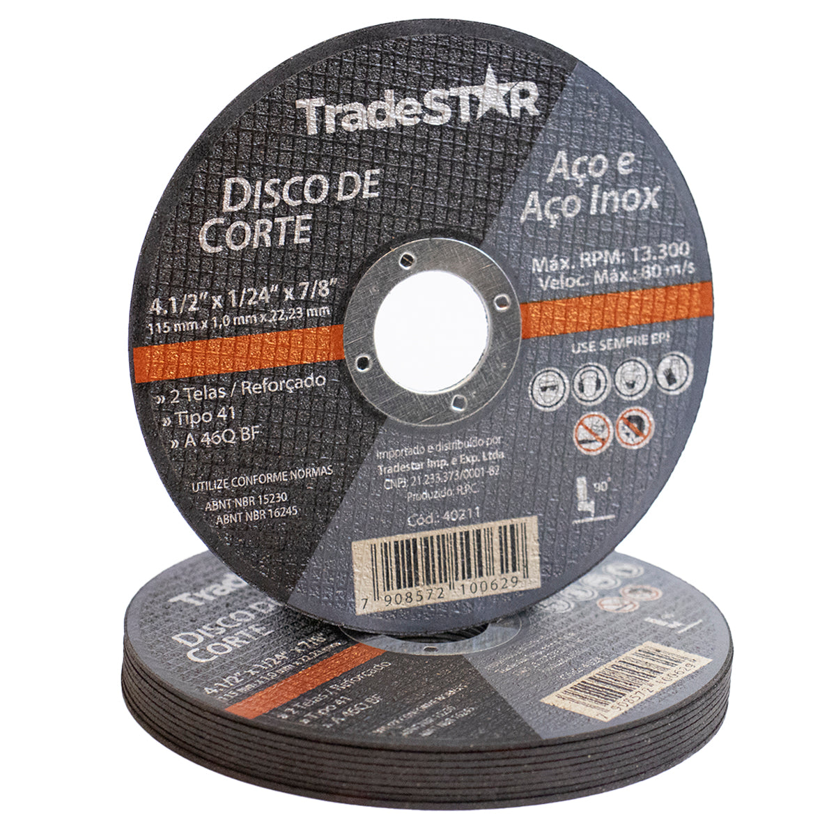 Disco de Corte Fino Inox 4.1/2 Tradestar para esmerilhadeira, ideal para cortes precisos em aço inox, ferro e outros metais. Disco abrasivo com 1,0mm de espessura, 115mm de diâmetro e furo de 22,23mm. Ferramenta de corte resistente e eficiente para serralheria e uso geral.