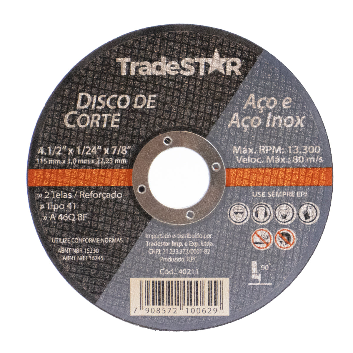 Disco de corte fino para inox 4.1/2 x 1,0 mm Tradestar. Ideal para esmerilhadeira, cortes precisos em aço inox e outros metais. Disco abrasivo reforçado, 2 telas, alta performance. Diâmetro 115mm, furo 22,23mm. Ferramenta para serralheria e uso geral.