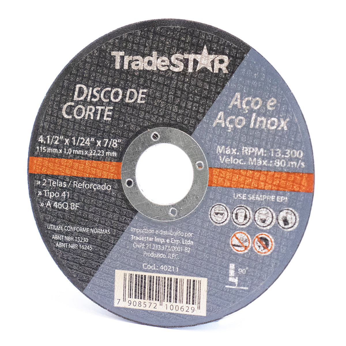 Disco de Corte Fino Inox 4.1/2 x 1,0 Esmerilhadeira Tradestar - Disco abrasivo para corte preciso de aço e aço inox, 115mm, 1,0mm espessura, furo 7/8, ideal para esmerilhadeiras. Ferramenta para serralheria e metalurgia.