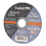 Disco de Corte Fino Inox 4.1/2 x 1,0 Esmerilhadeira Tradestar - Disco abrasivo para corte preciso de aço e aço inox, 115mm, 1,0mm espessura, furo 7/8, ideal para esmerilhadeiras. Ferramenta para serralheria e metalurgia.