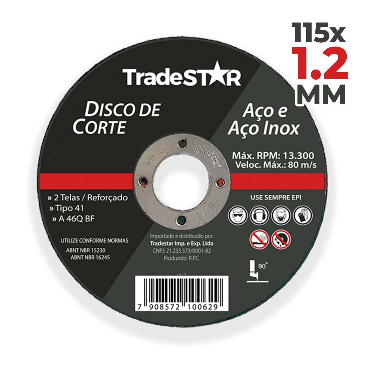 Disco de Corte Metal 4.1/2" 115x1,2 mm Esmerilhadeira Tradestar para aço e aço inox, reforçado com 2 telas, ideal para cortes precisos em metais. Disco abrasivo fino para esmerilhadeira, produto Tradestar.