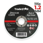 Disco de Corte Metal 4.1/2" 115x1,2 mm Esmerilhadeira Tradestar para aço e aço inox, reforçado com 2 telas, ideal para cortes precisos em metais. Disco abrasivo fino para esmerilhadeira, produto Tradestar.